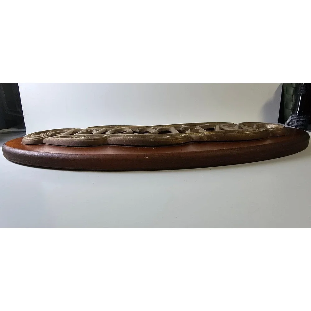 Vintage Brass Welcome Sign on Oval Wood Plaque 7x17 MCM Cottagecore Wall Decor